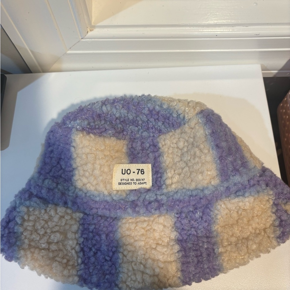 UO Plaid Bucket Hat in Purple and Cream